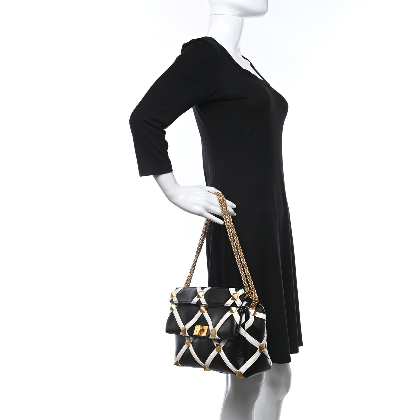 Nappa Large Roman Stud Shoulder Bag Black White