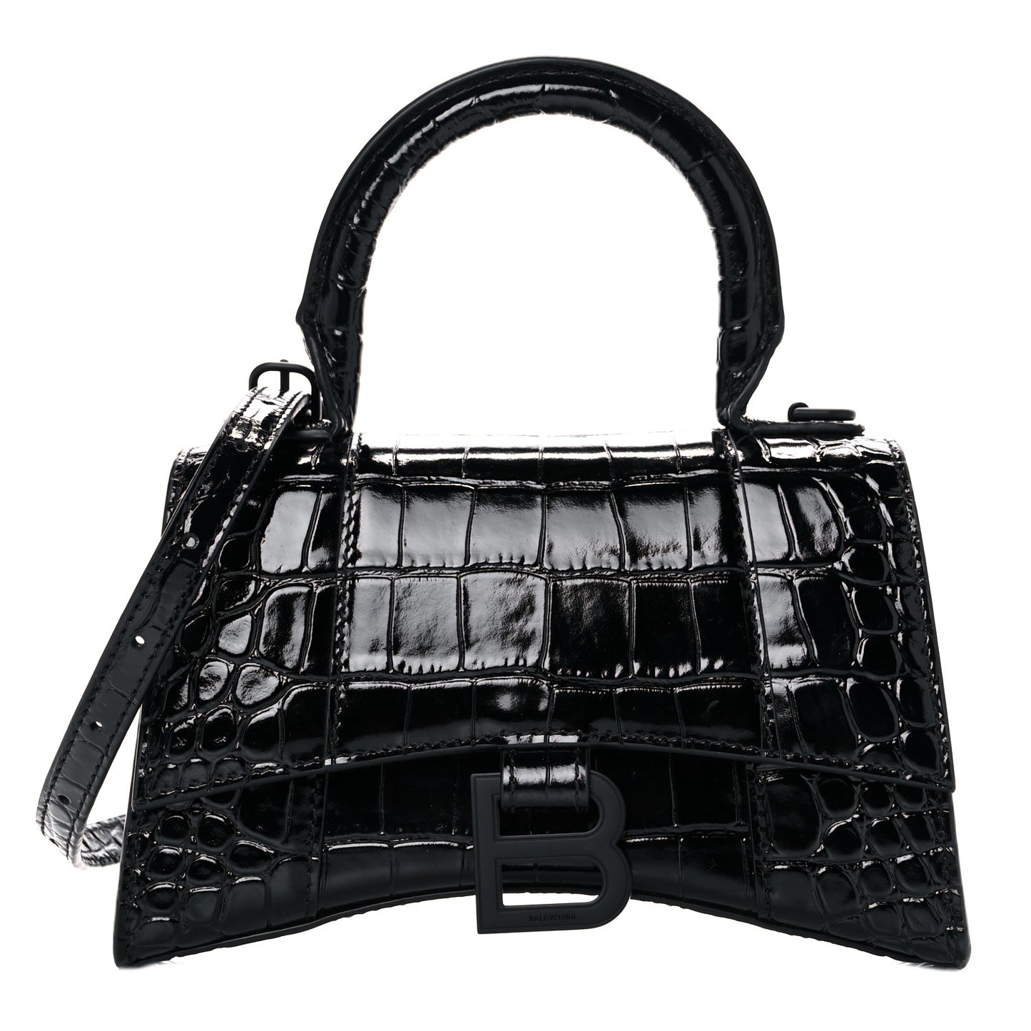 Shiny Calfskin Monochrome Crocodile Embossed Hourglass Top Handle Bag XS Black