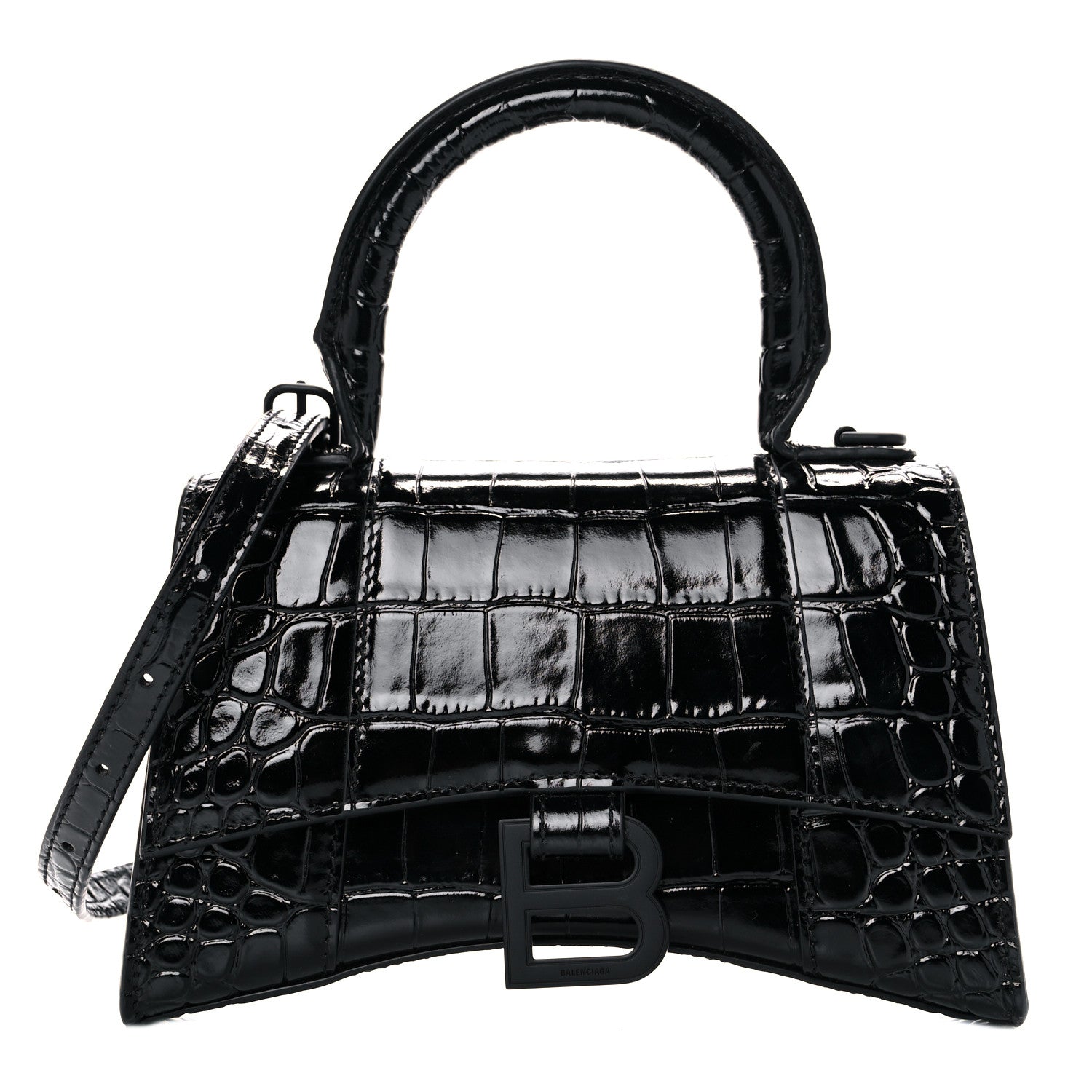 Balenciaga Shiny Calfskin Monochrome Crocodile Embossed Hourglass Top Handle Bag XS Black 1 of 15