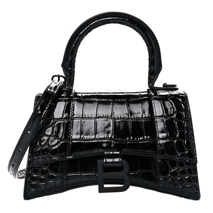 Balenciaga Shiny Calfskin Monochrome Crocodile Embossed Hourglass Top Handle Bag XS Black 1 of 15