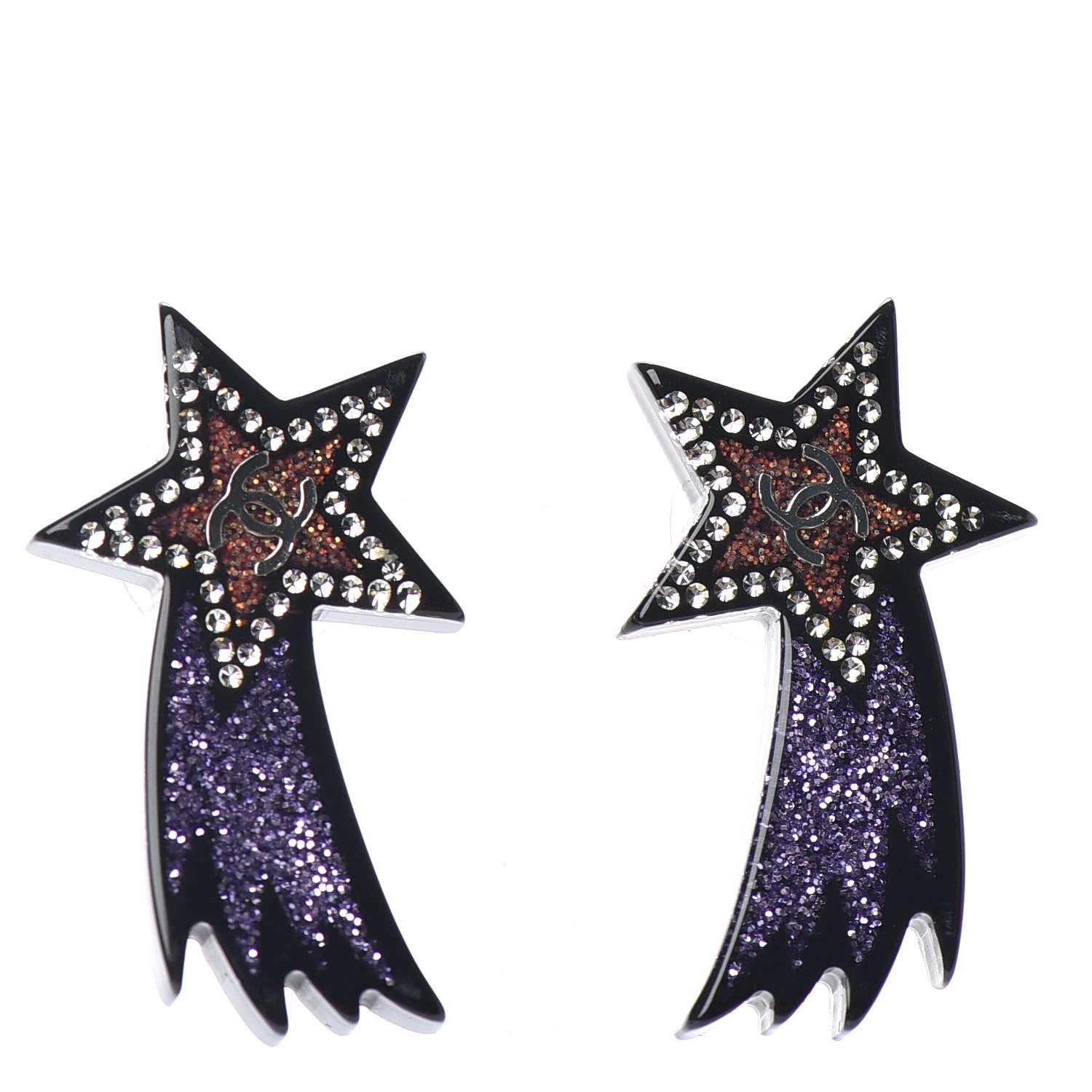 Chanel Resin Crystal CC Shooting Star Earrings Silver Purple 1 of 5