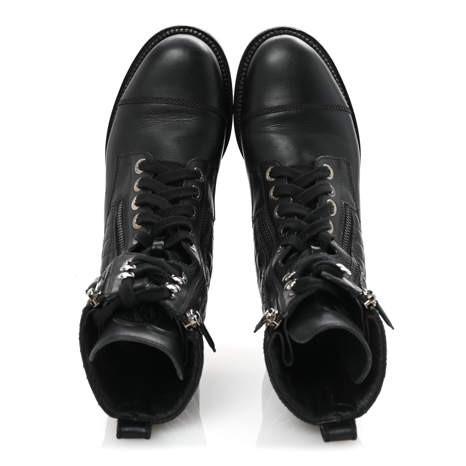 Chanel Calfskin Quilted Lace Up Combat Boots 37.5 Black 1739598