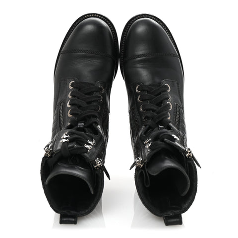 Calfskin Quilted Lace Up Combat Boots 37.5 Black