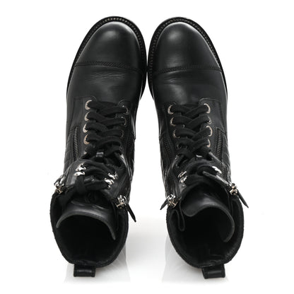 Chanel Calfskin Quilted Lace Up Combat Boots 37.5 Black 2 of 10