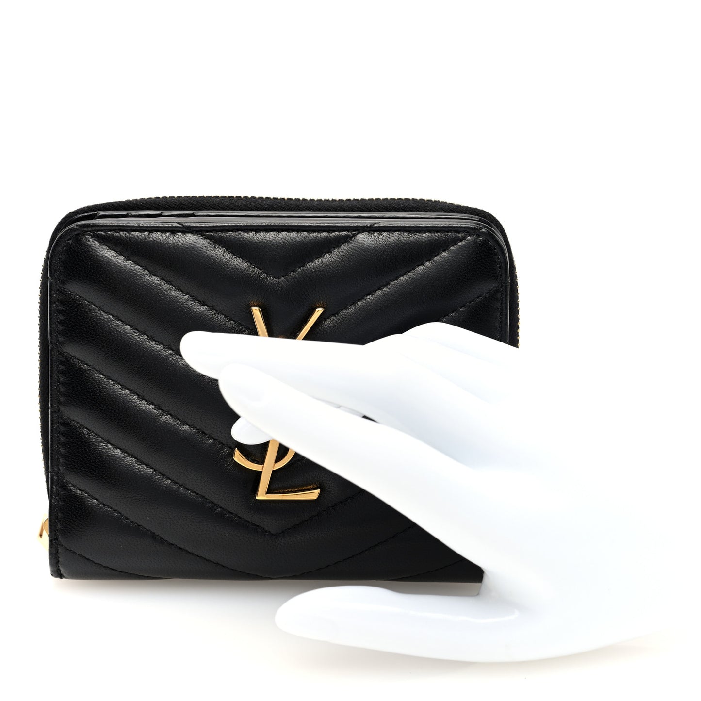Lambskin Matelasse Chevron Monogram Compact Zip Around Wallet Black