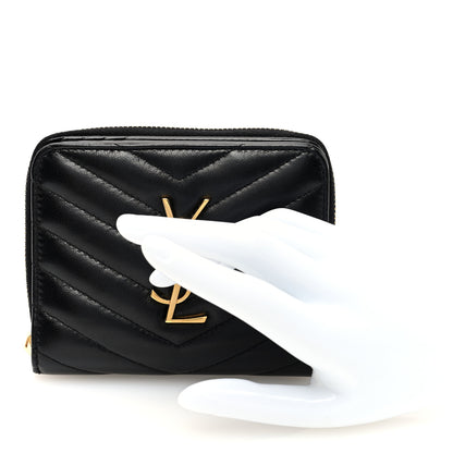 Saint Laurent Lambskin Matelasse Chevron Monogram Compact Zip Around Wallet Black 2 of 8