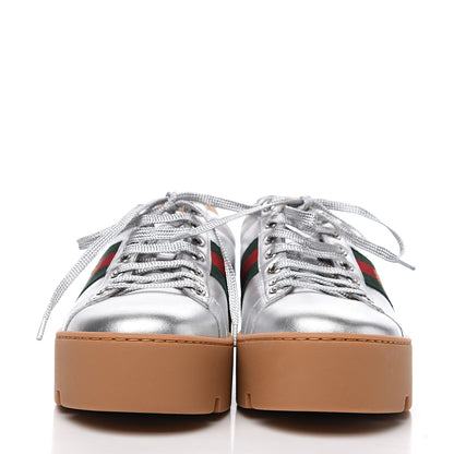 Gucci Metallic Nappa Web Bee Embroidered Womens Ace Platform Sneakers 37.5 Argento Red Flame 2 of 9