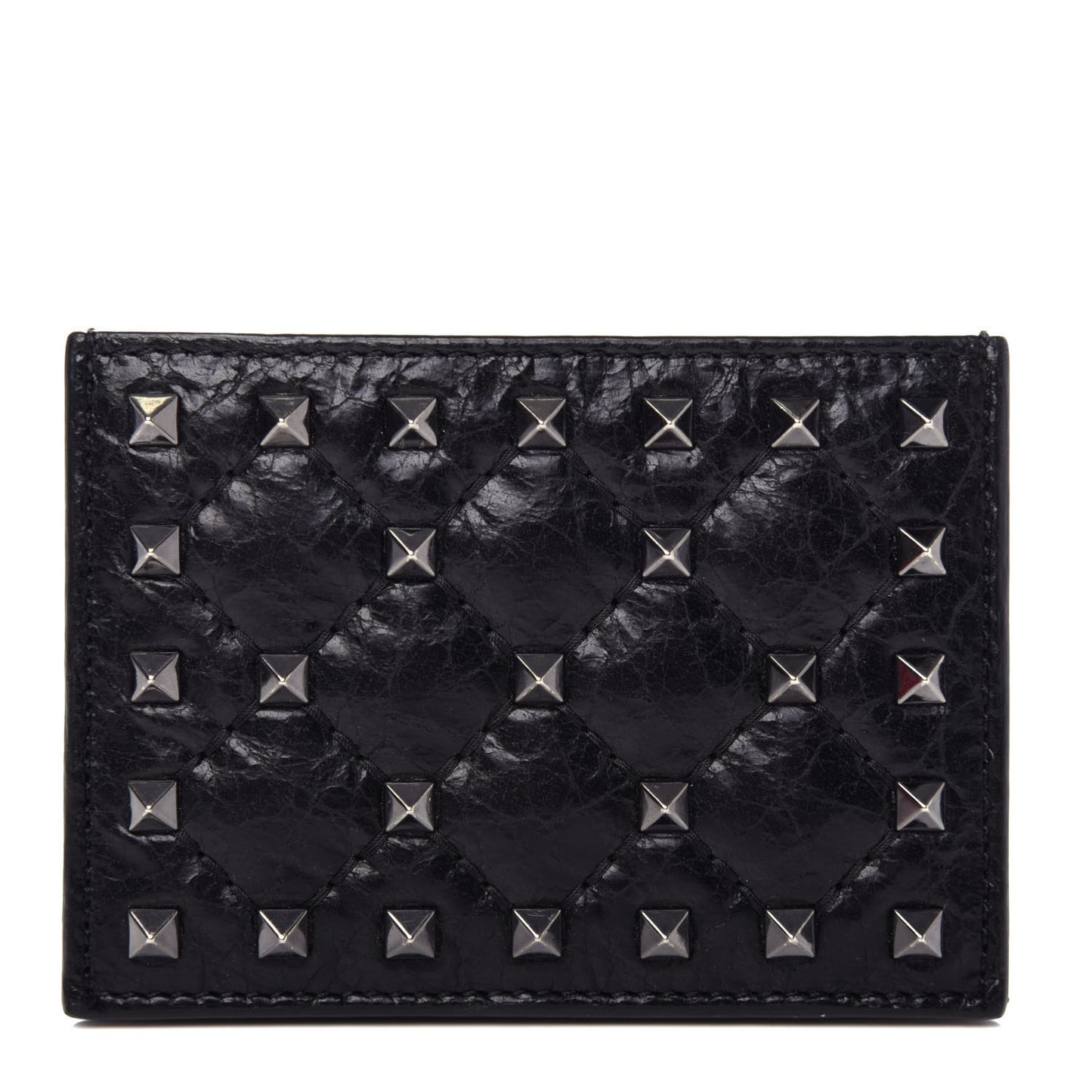 Craquele Nappa Rockstud Spike Card Holder Black