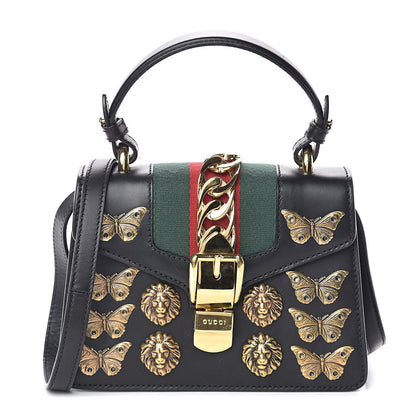 Gucci Calfskin Animal Studs Mini Sylvie Top Handle Bag Black 1 of 8