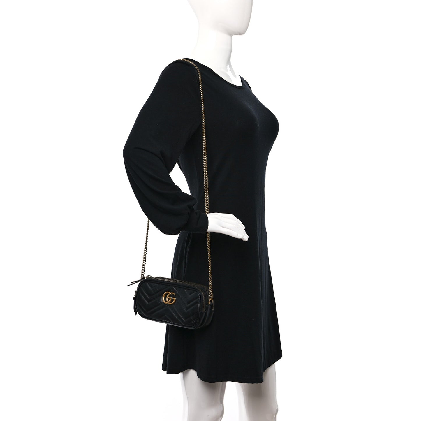 Calfskin Matelasse Mini GG Marmont Chain Crossbody Bag Black