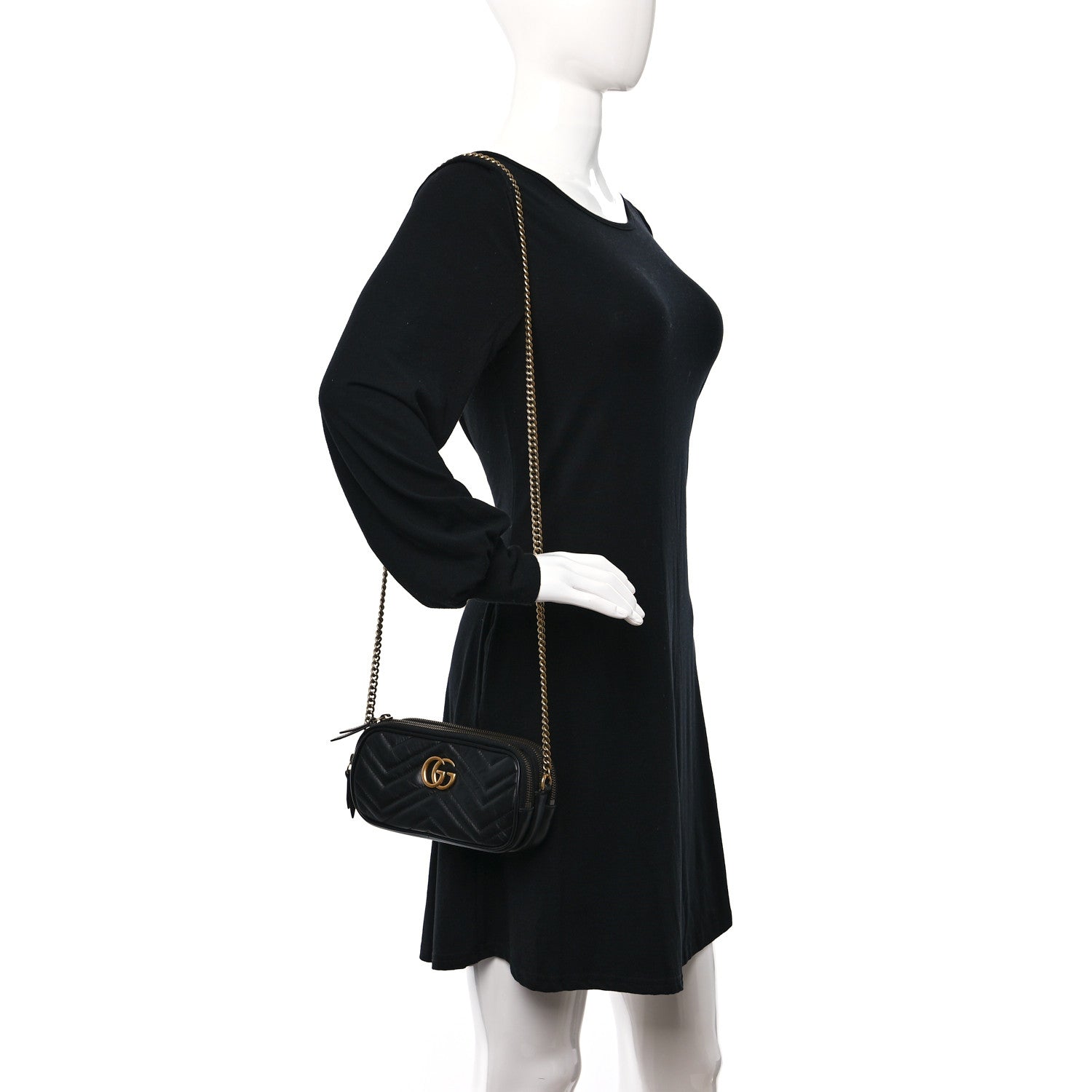 Gucci Calfskin Matelasse Mini GG Marmont Chain Crossbody Bag Black 3 of 8
