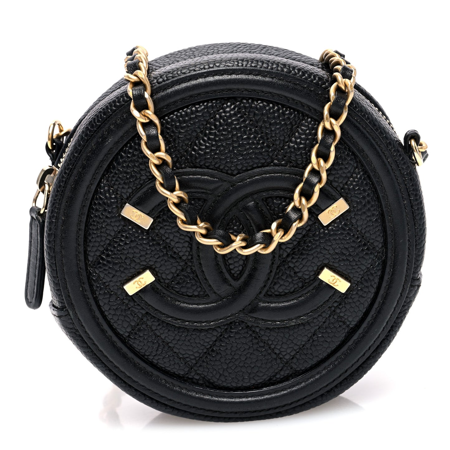 Caviar Quilted Round Filigree Crossbody Black