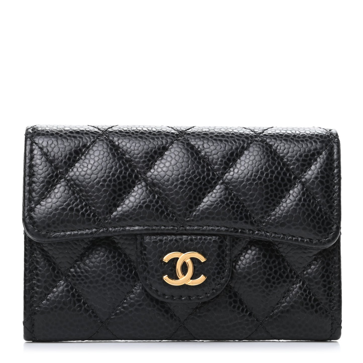 Caviar Quilted Flap Card Holder Wallet Black