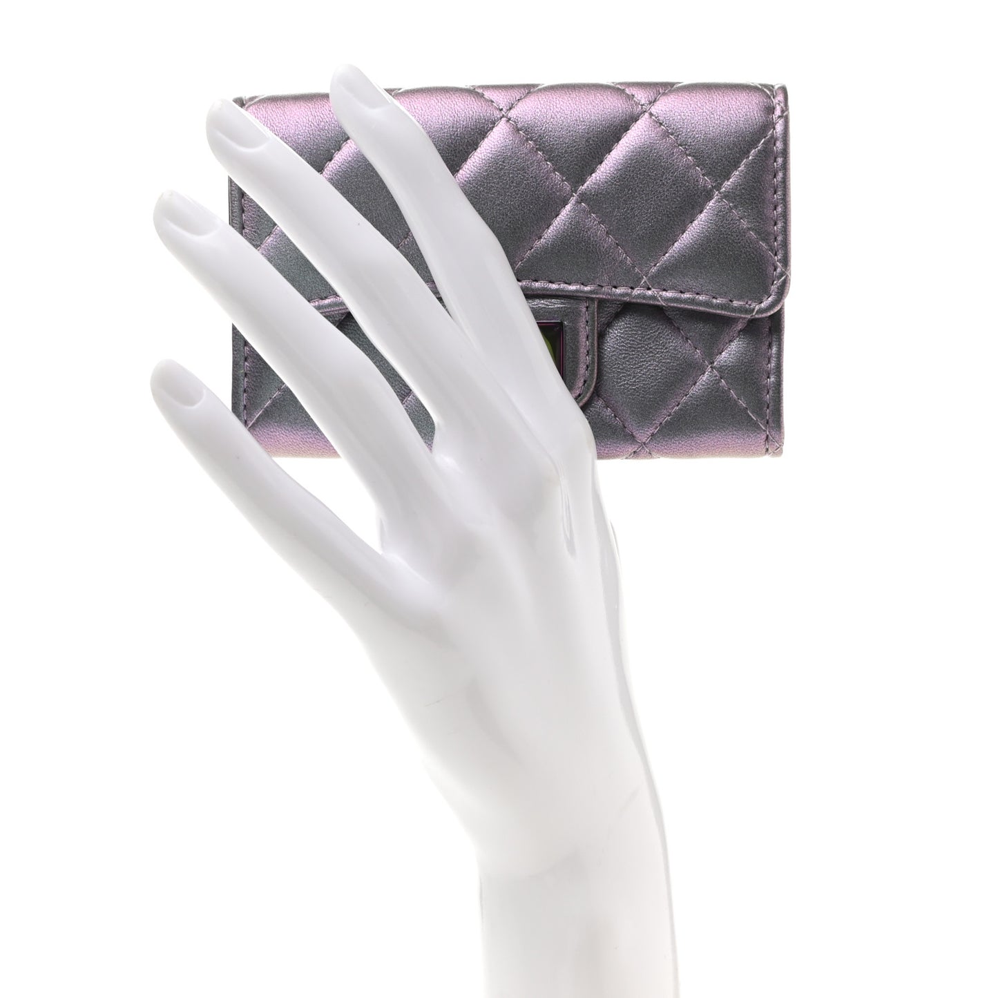 Iridescent Lambskin Quilted Reissue Flap Card Holder Light Purple