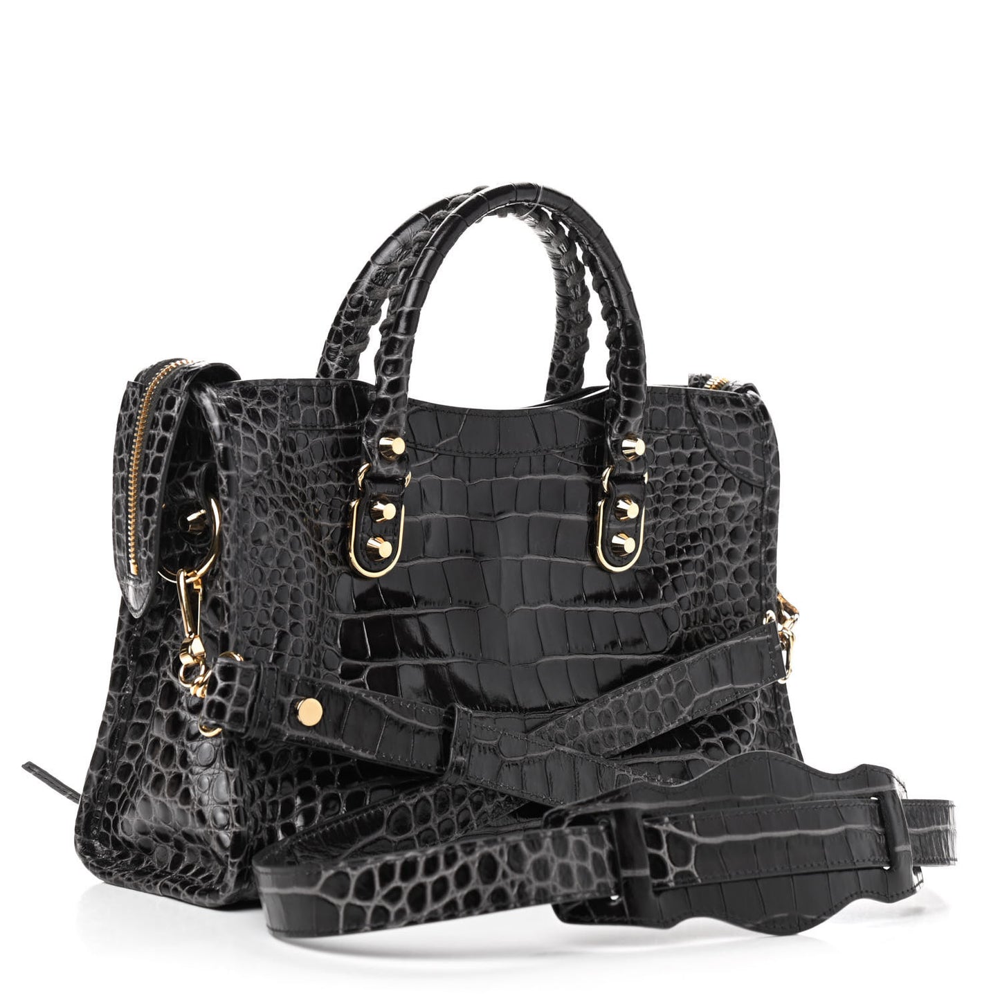 Shiny Supple Calfskin Crocodile Embossed Gold Metallic Edge Hardware S City Dark Grey
