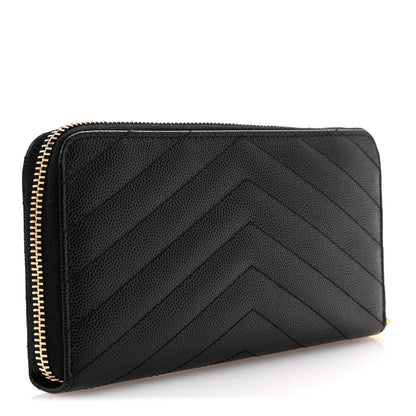 Saint Laurent Grain De Poudre Matelasse Chevron Monogram Zip Around Wallet Black 6 of 14