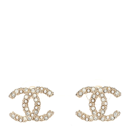 Chanel Metal Graduated Pearl Crystal CC Earrings Light Gold 1 of 5