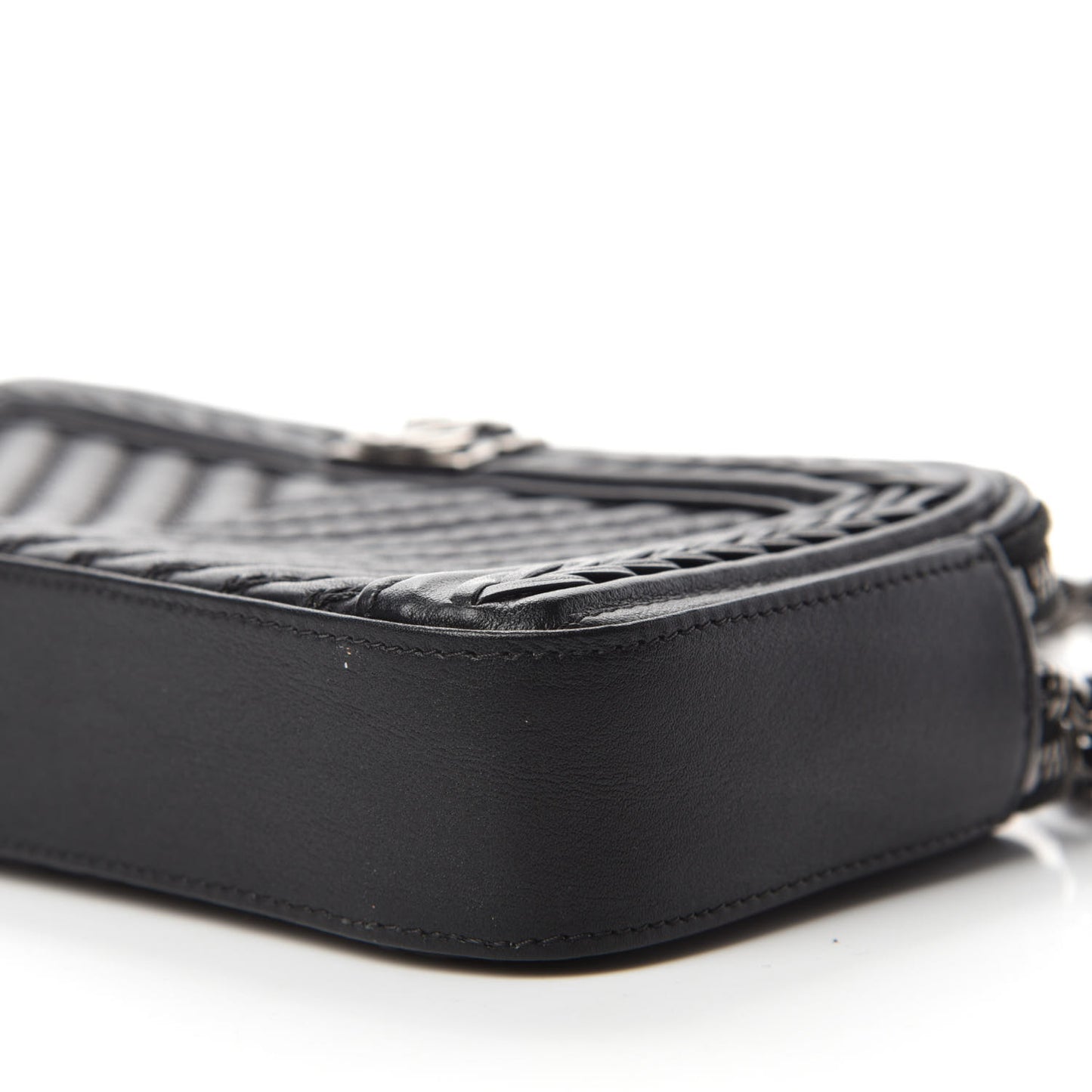 Calfskin Braided Chevron Quilted Small Boy Clutch With Chain Black