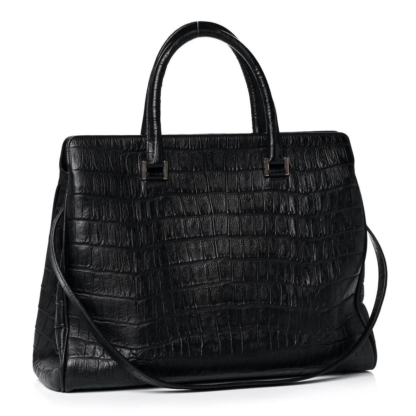 Calfskin Crocodile Embossed Medium Trois Class Tote Black