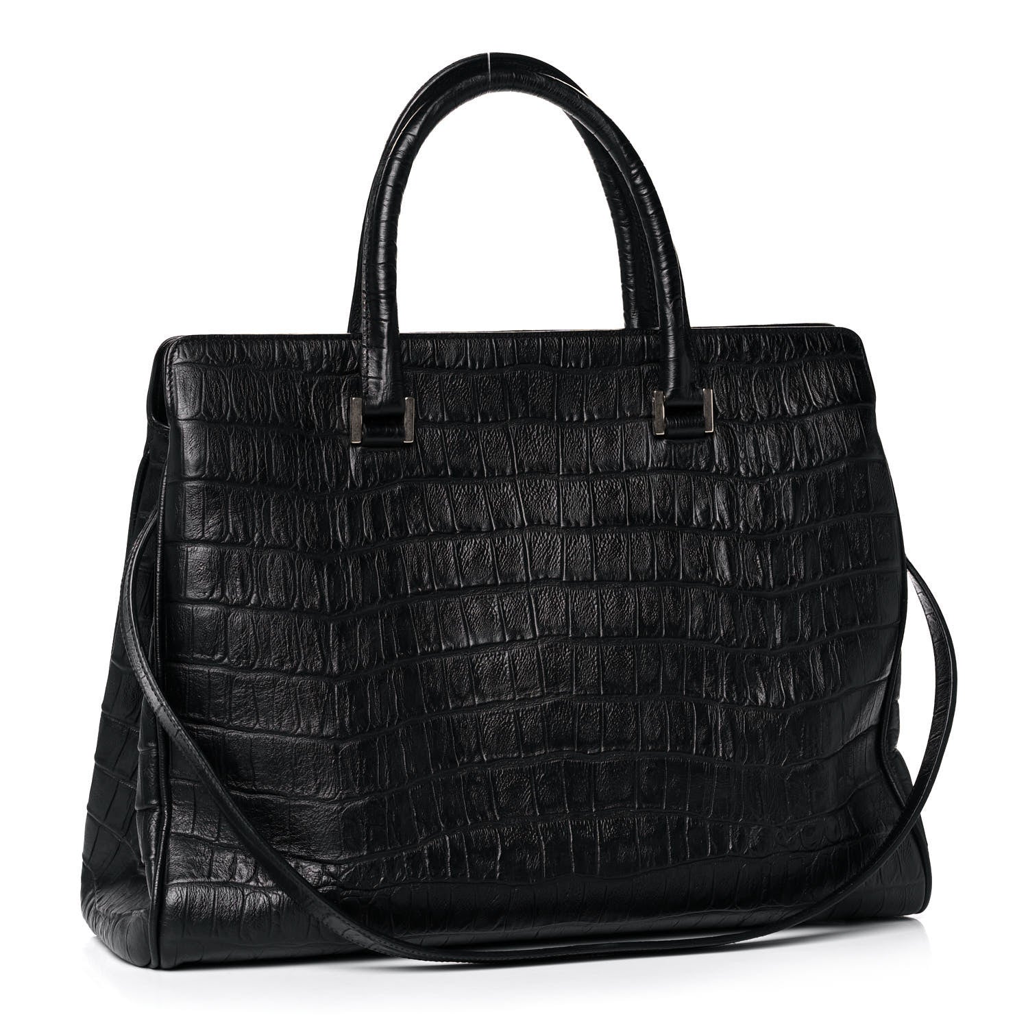 Saint Laurent Calfskin Crocodile Embossed Medium Trois Class Tote Black 3 of 17