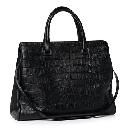 Saint Laurent Calfskin Crocodile Embossed Medium Trois Class Tote Black 3 of 17