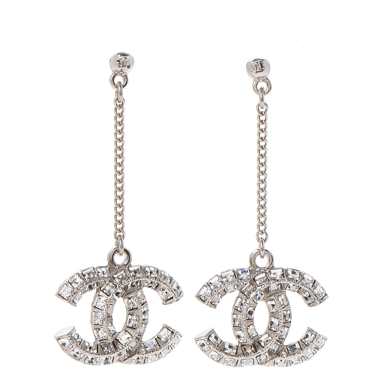 Chanel Baguette Crystal CC Drop Earrings Silver 1 of 5