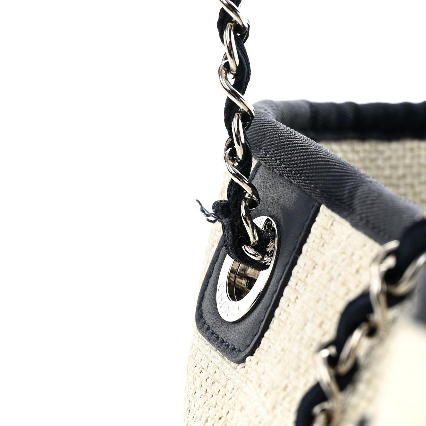 Woven Straw Raffia Small Deauville Tote White Navy
