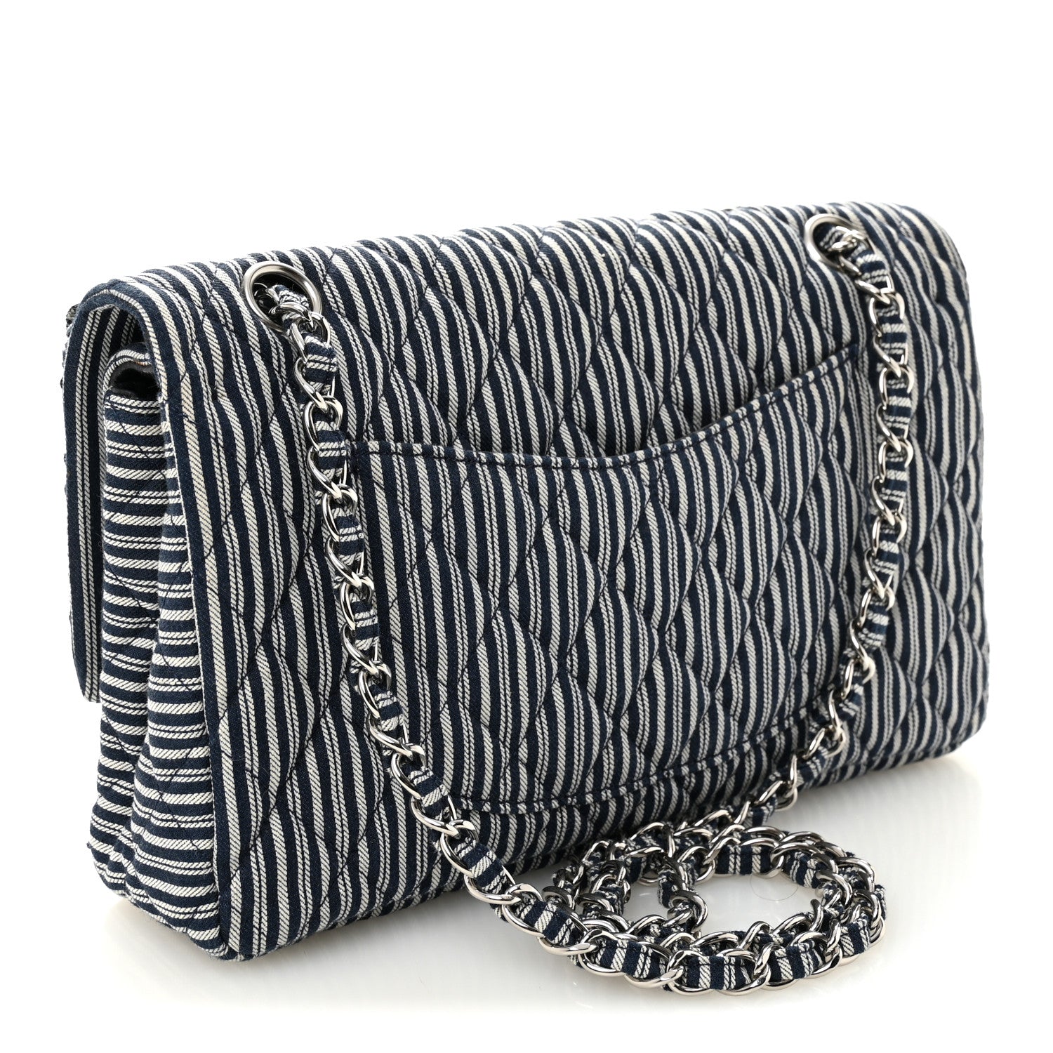 Chanel Canvas Sequin Stripe Medium Double Flap Navy Blue 3 of 11