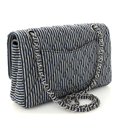 Chanel Canvas Sequin Stripe Medium Double Flap Navy Blue 3 of 11