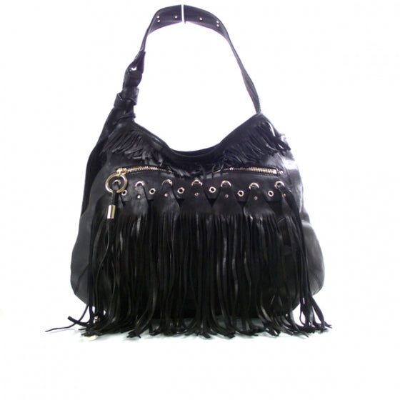 Leather Diane Kid Fringe Hobo Black