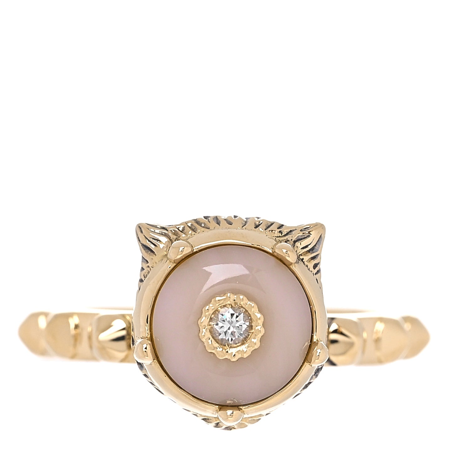 18K Yellow Gold Pink Opal Diamond Le Marché Des Merveilles Feline Ring 49 5