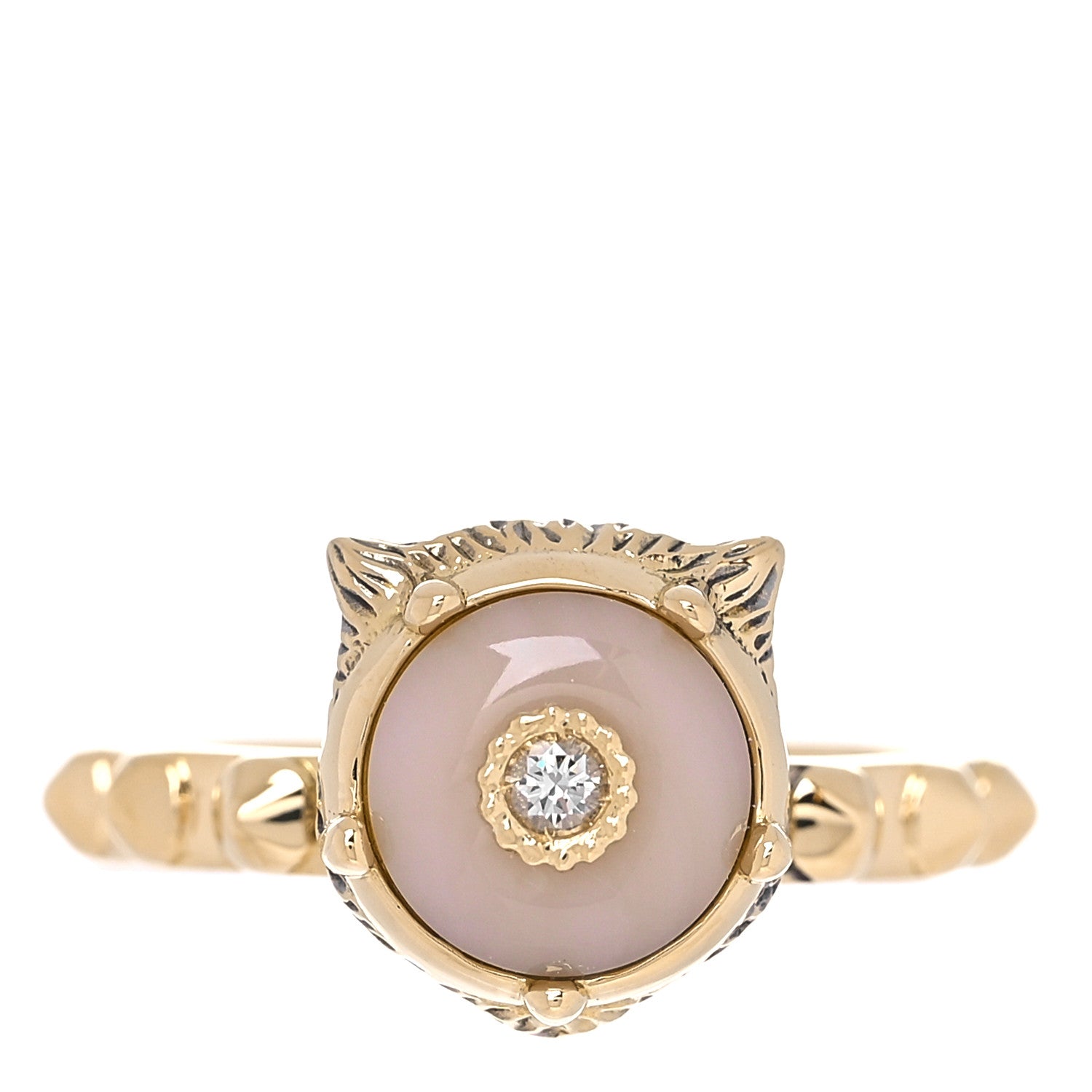 Gucci 18K Yellow Gold Pink Opal Diamond Le Marché Des Merveilles Feline Ring 49 5 1 of 7