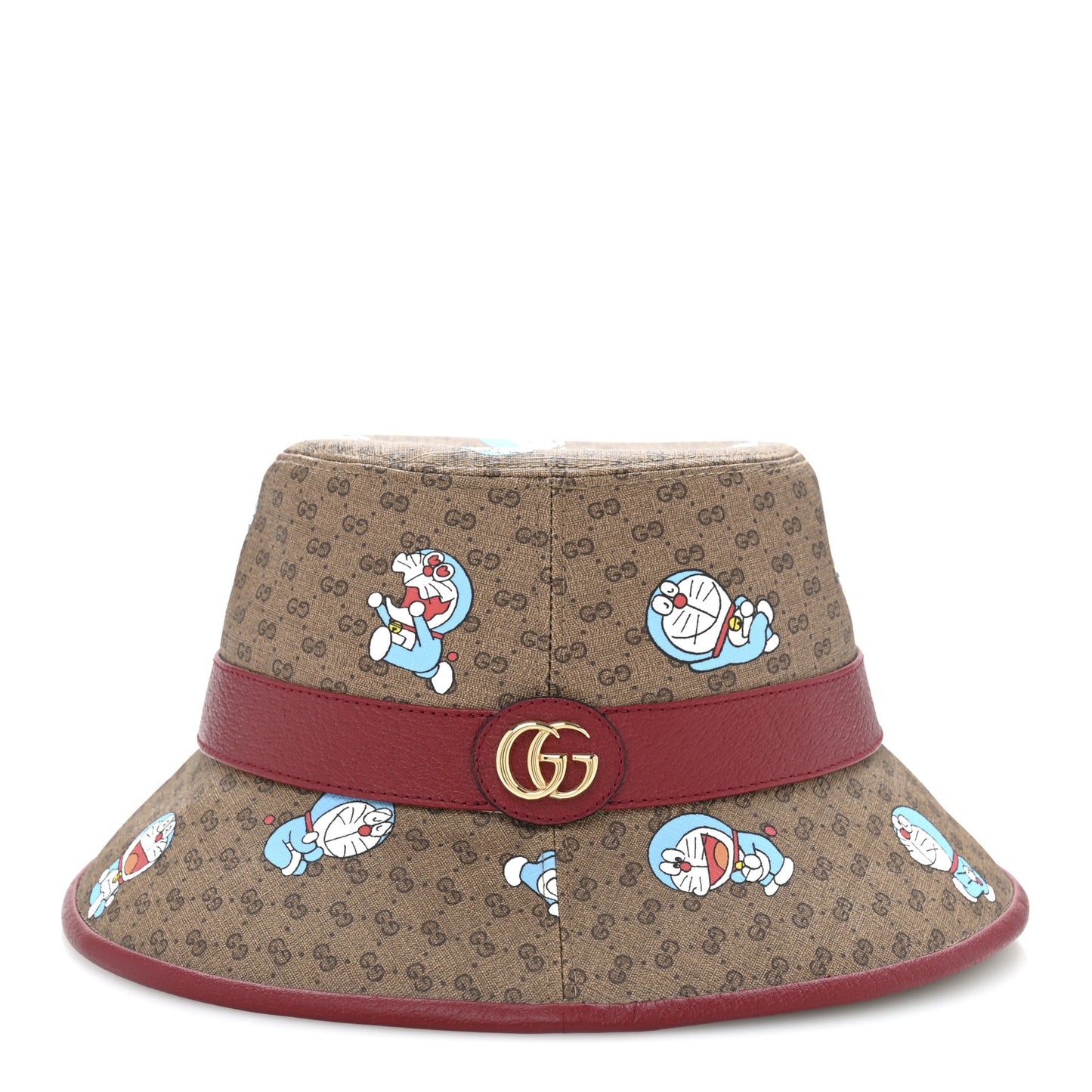X DORAEMON Mini Vintage GG Supreme Monogram Textured Dollar Calfskin Bucket Hat S Beige Cherry Red