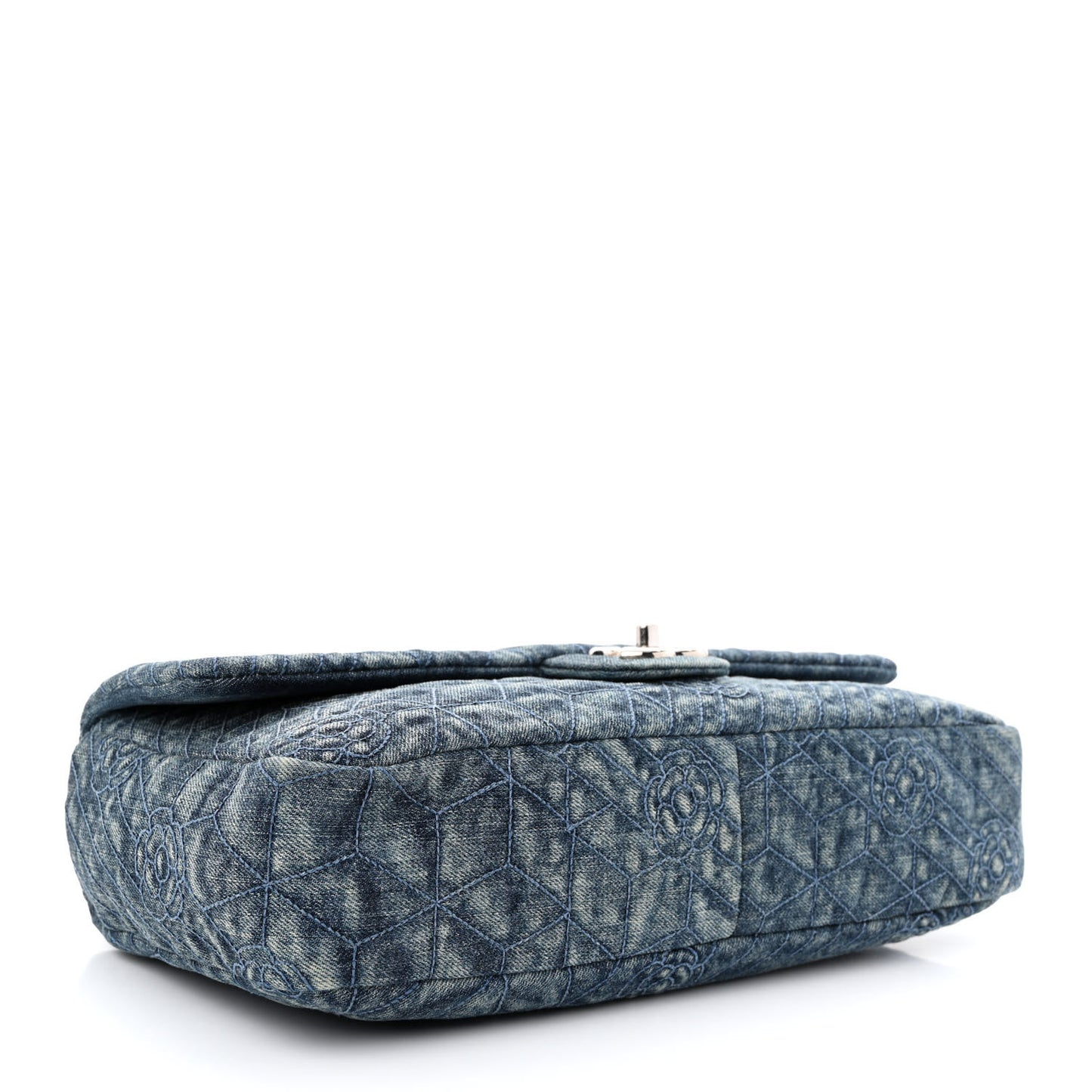 Denim Quilted Camellia Embroidered Large Flap Blue