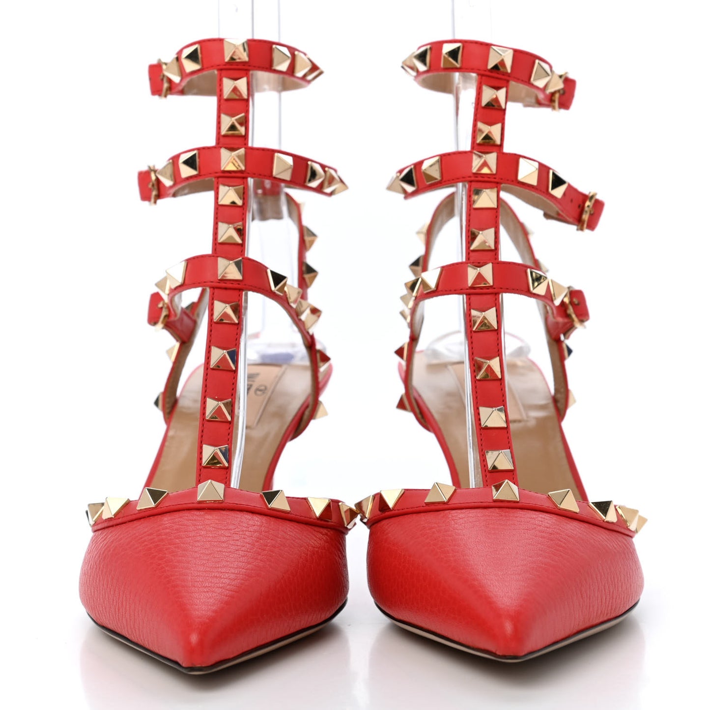 Pebbled Calfskin Rockstud Ankle Strap 65mm Pumps Deep Coral
