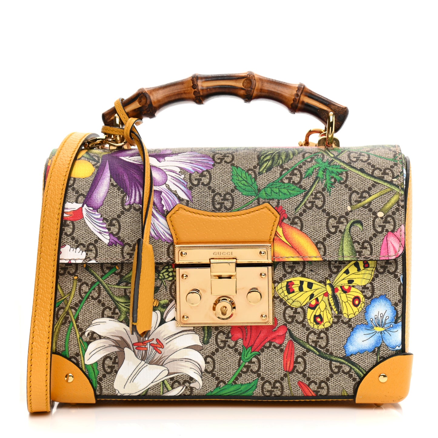 GG Supreme Monogram Flora Small Padlock Bamboo Shoulder Bag Beige Multicolor Crop