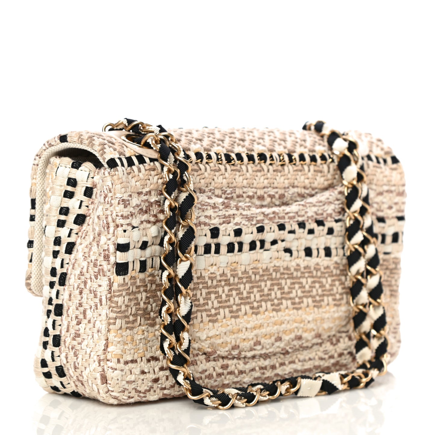 Cotton Raffia Lambskin Woven Medium Single Flap Beige Beige Black