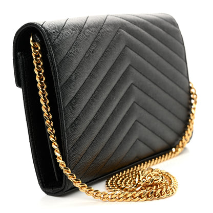 Saint Laurent Grain De Poudre Matelasse Chevron Monogram Chain Wallet Black 3 of 12