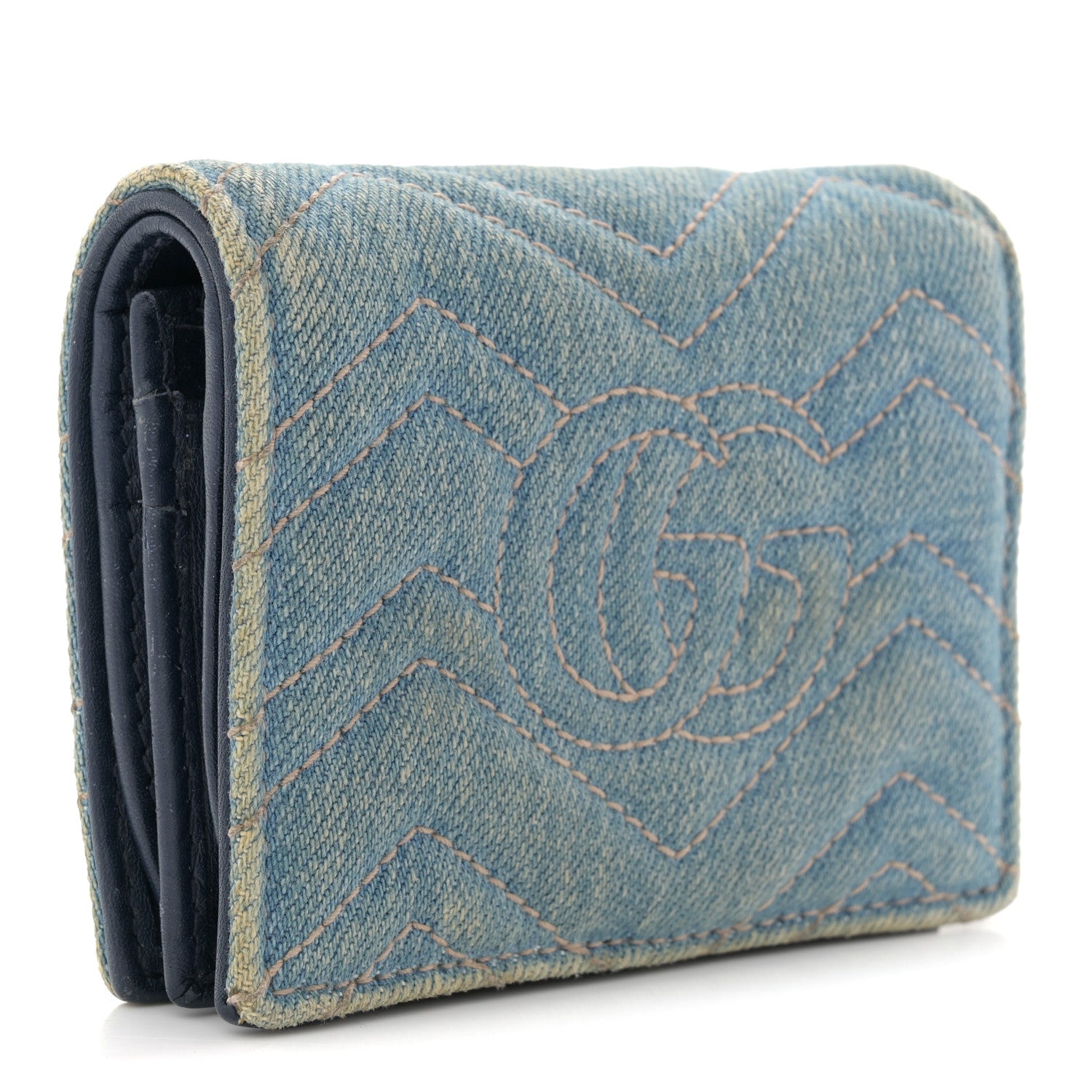 Gucci Denim Matelasse Pearly GG Marmont Card Case Wallet Blue 3 of 9