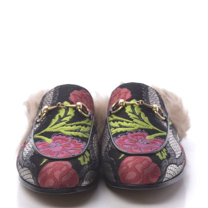 Gucci Brocade Fur Floral Womens Princetown Slippers 36 Black Anthracite 2 of 8