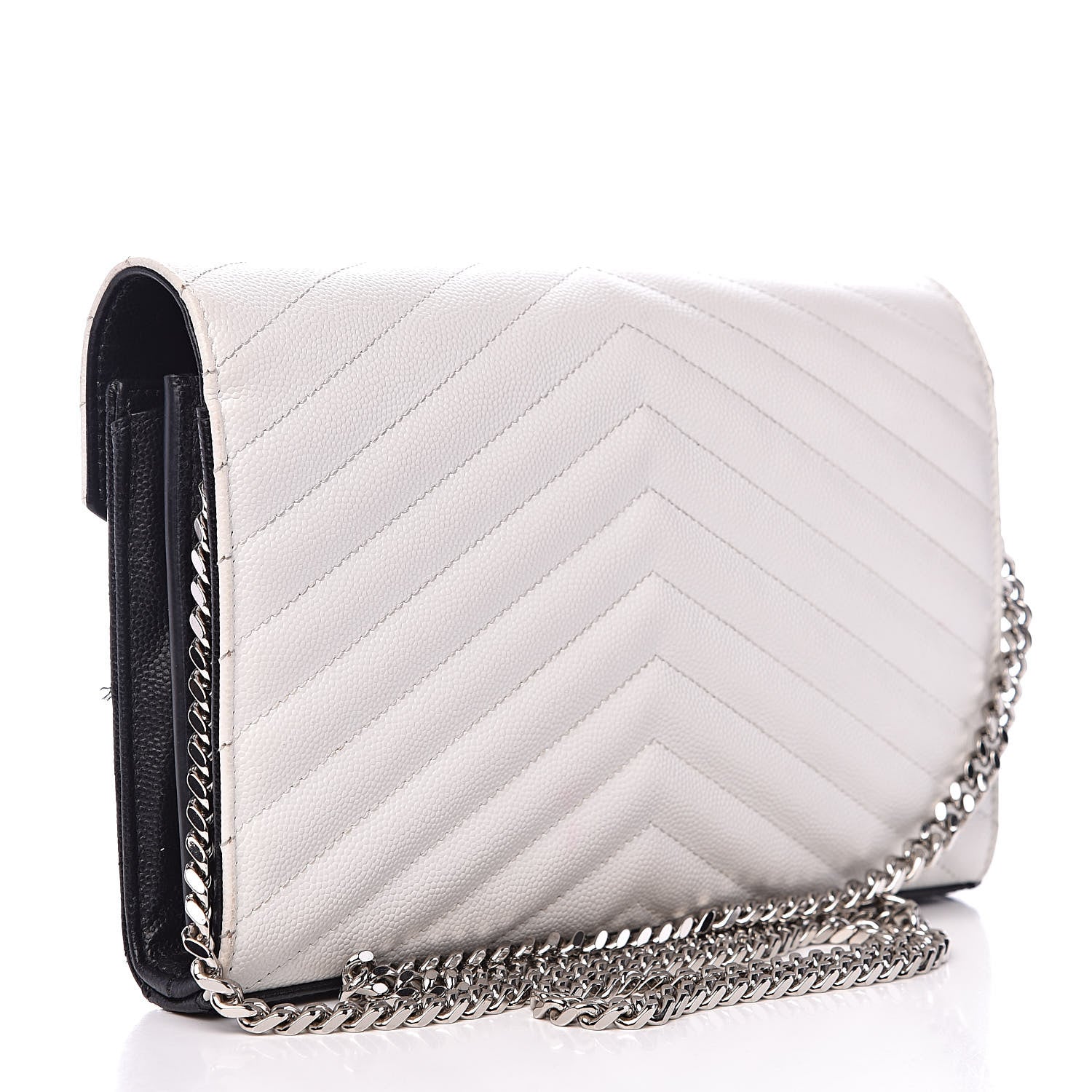 Saint Laurent Grain De Poudre Matelasse Chevron Bi-Color Monogram Chain Wallet White Black 3 of 16