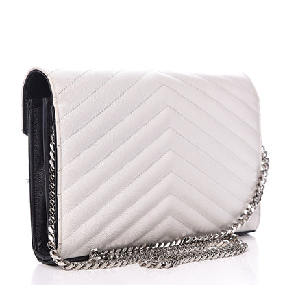 Saint Laurent Grain De Poudre Matelasse Chevron Bi-Color Monogram Chain Wallet White Black 3 of 16