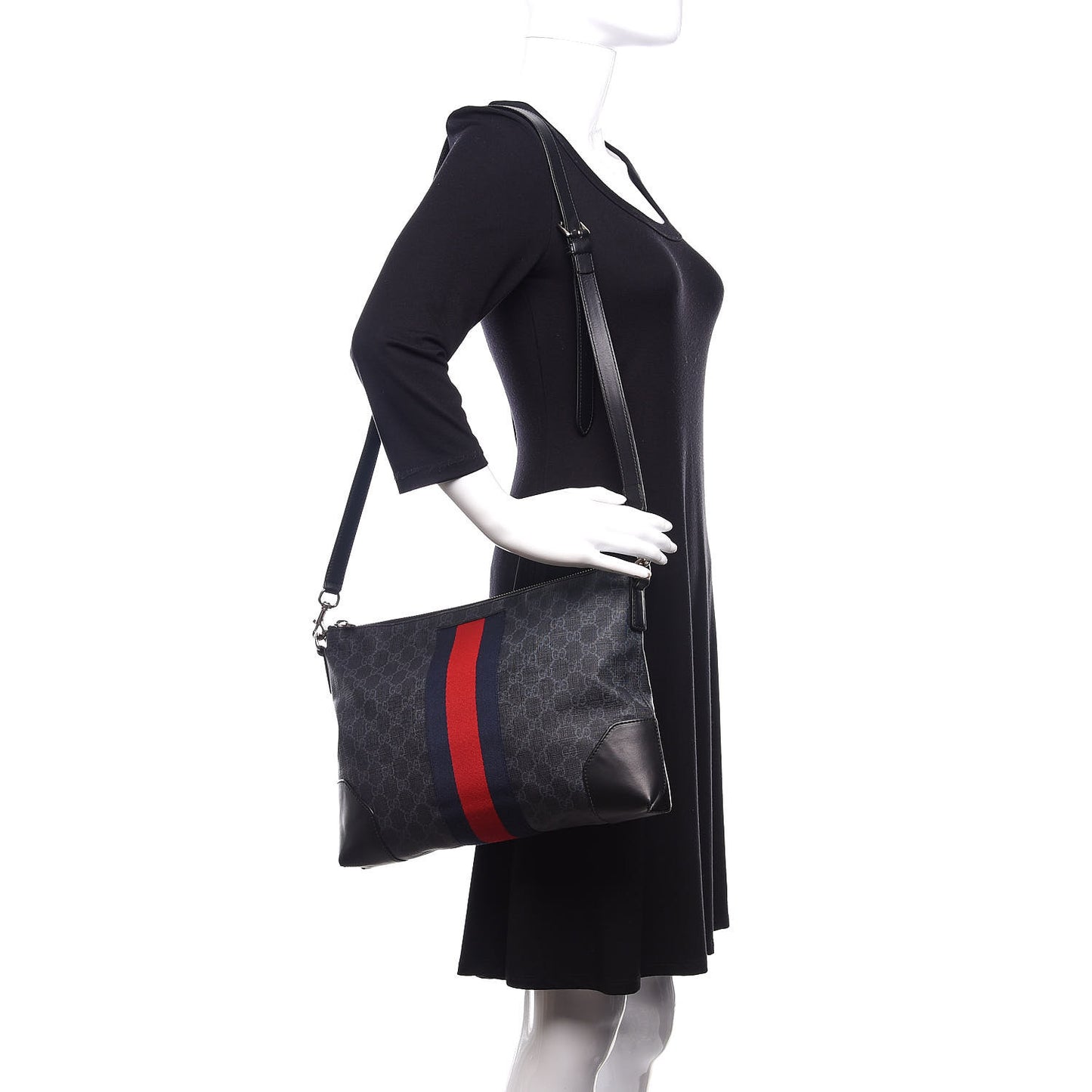 Soft GG Supreme Monogram Appia Calfskin Web East West Messenger Bag Black Grey