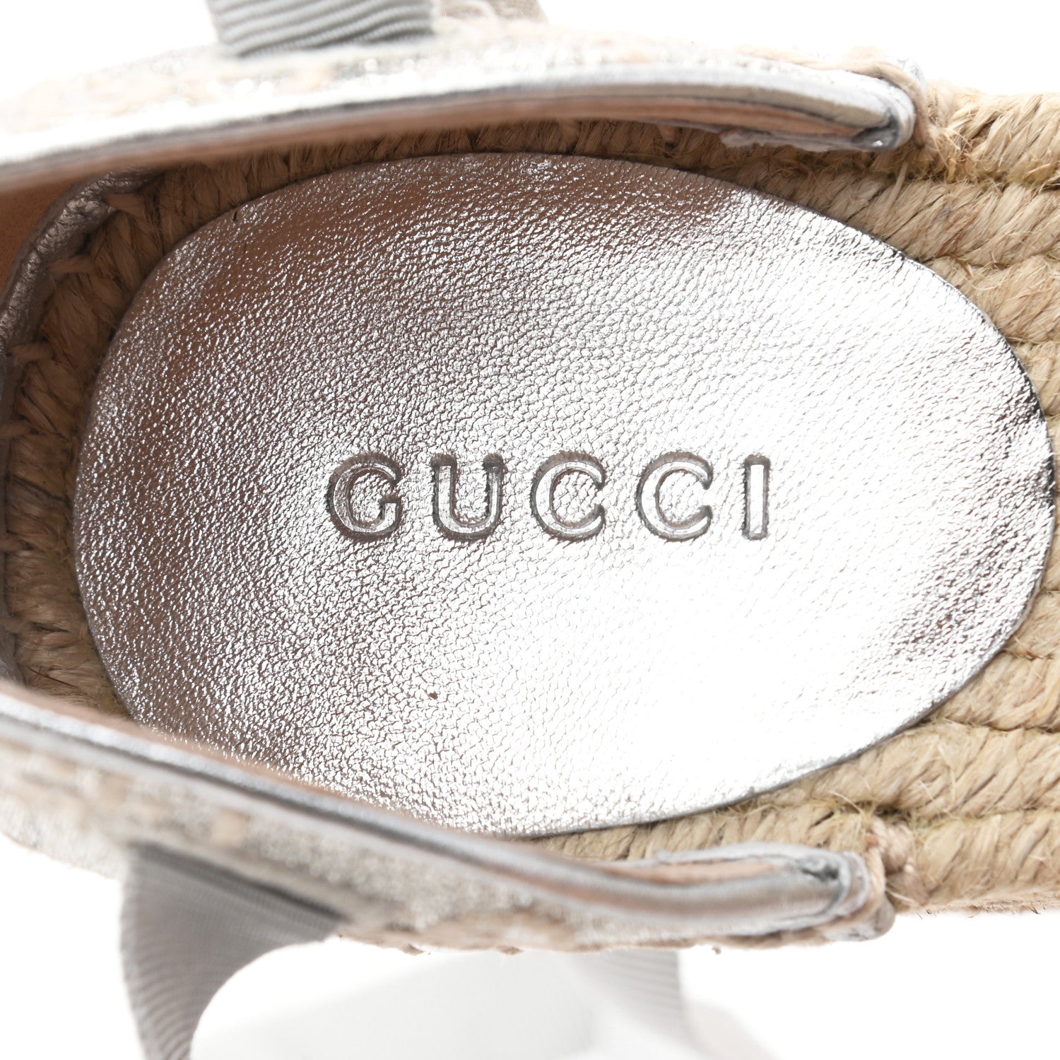 Gucci Lame GG Monogram Ankle Wrap Platform Espadrille Wedges 37 Silver Beige Light Grey 8 of 10