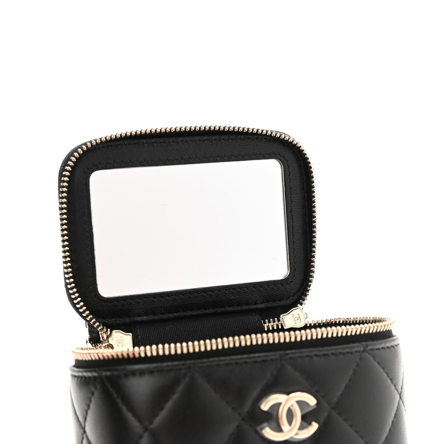 Lambskin Quilted Top Handle Mini Vanity Case With Chain Black