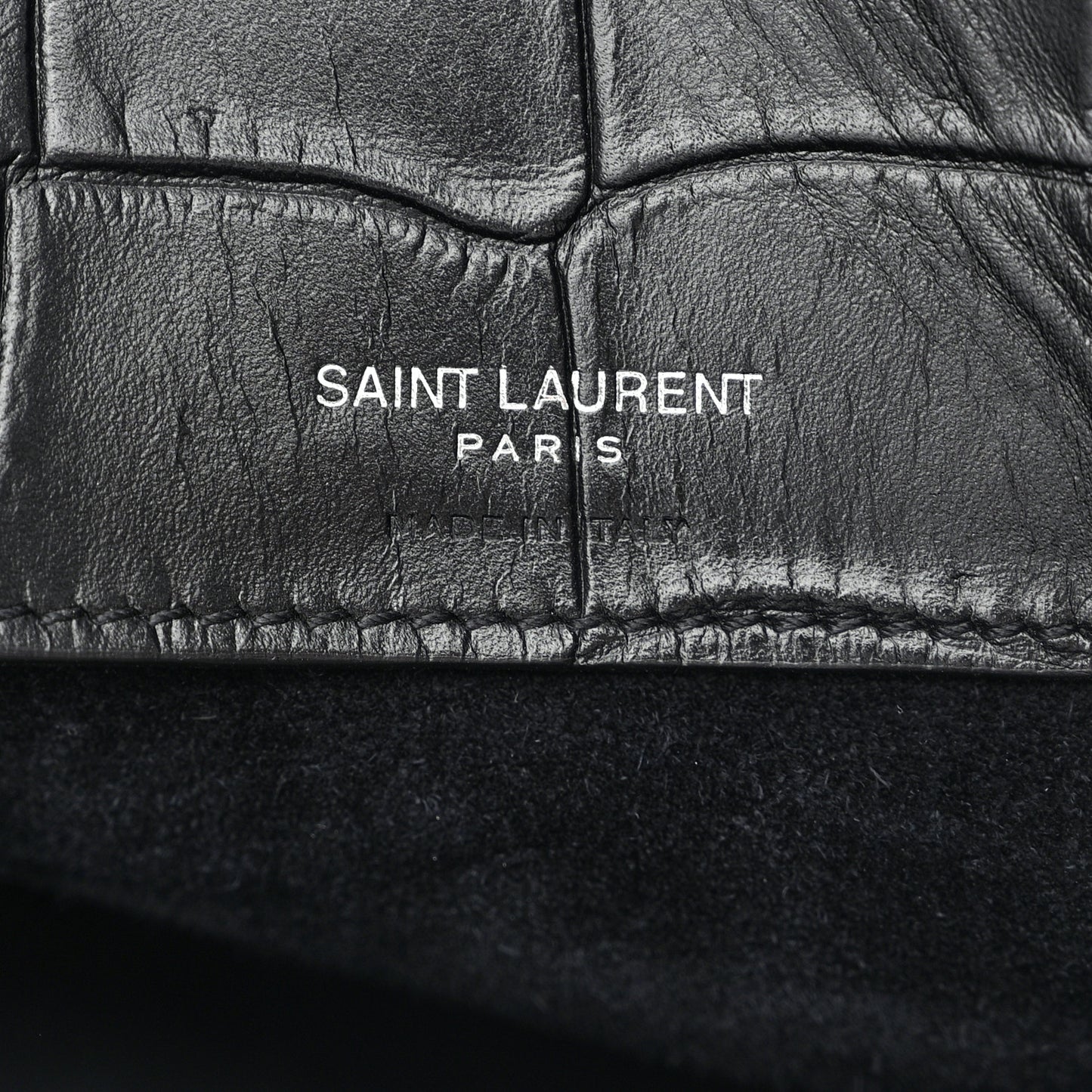 SAINT LAURENT Calfskin Crocodile Embossed Large Thin Sac De Jour Black