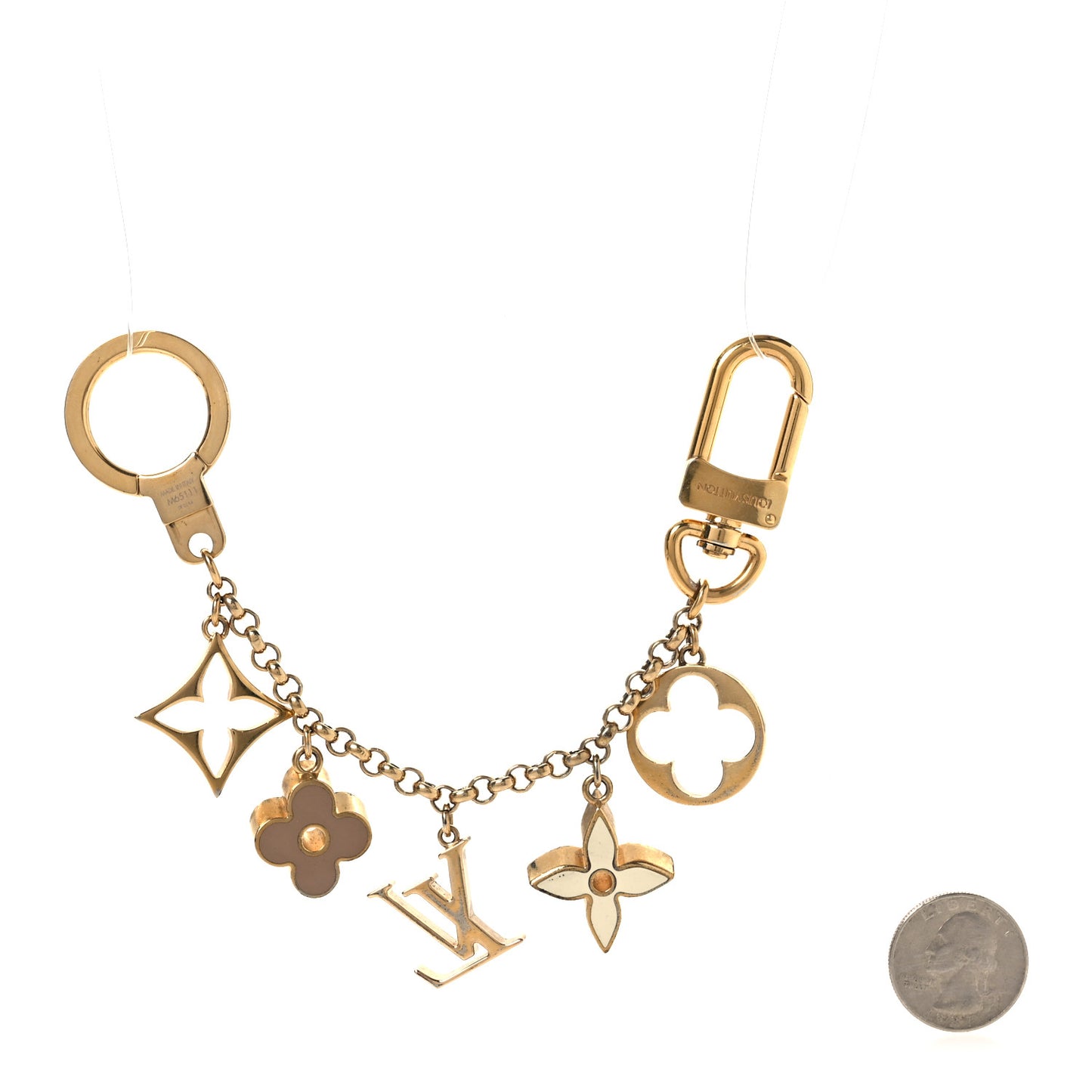 Brass Enamel Fleur De Monogram Bag Charm Chain Gold