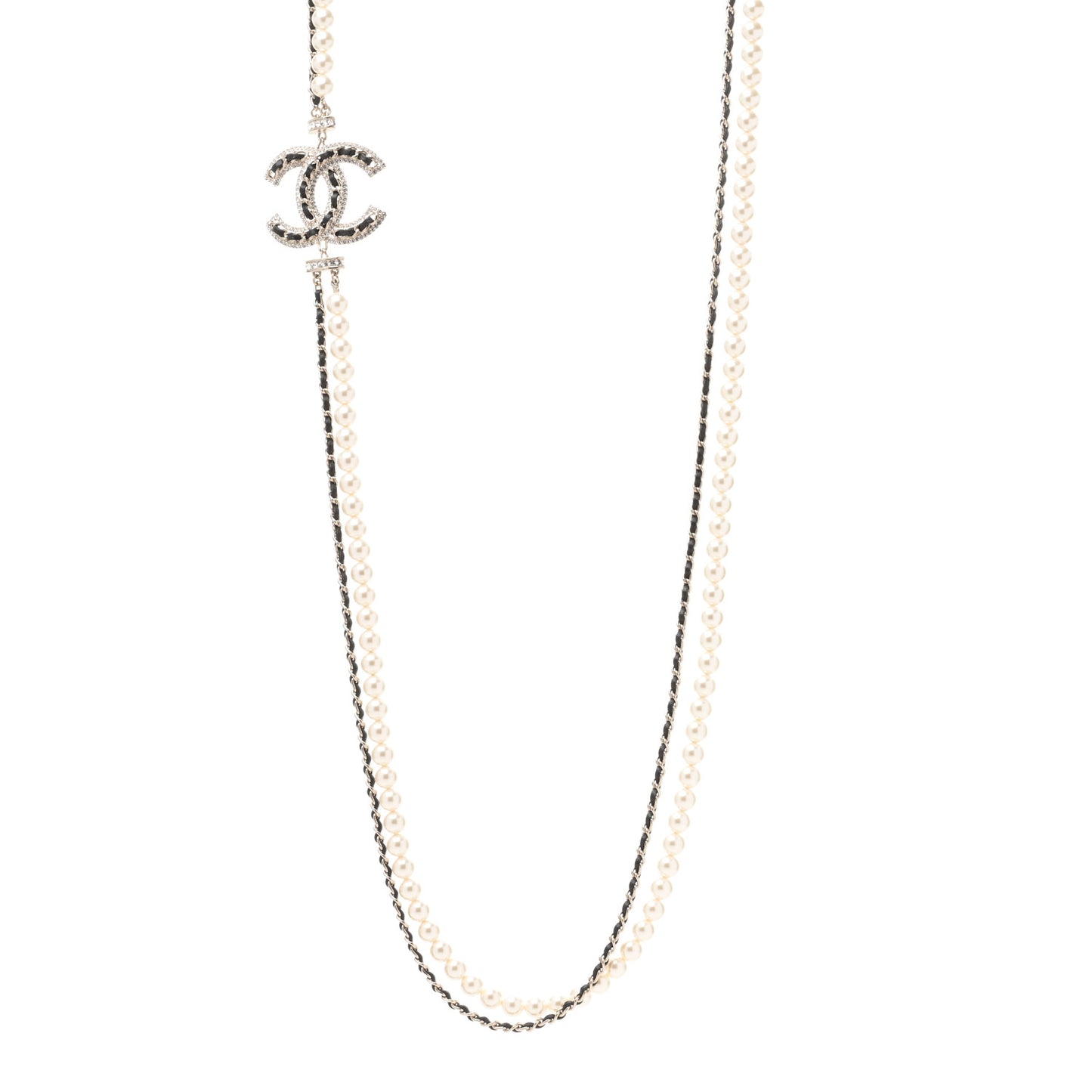 Pearl Beaded CC Multi Strand Long Necklace Black Gold