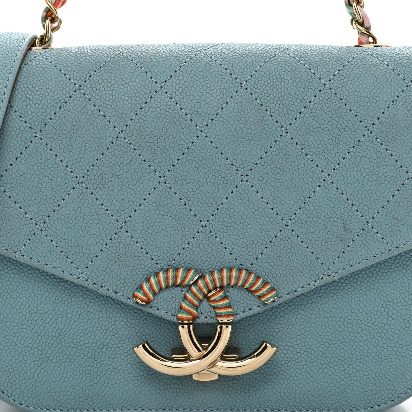 Grained Calfskin Quilted Small Cuba Top Handle Flap Blue