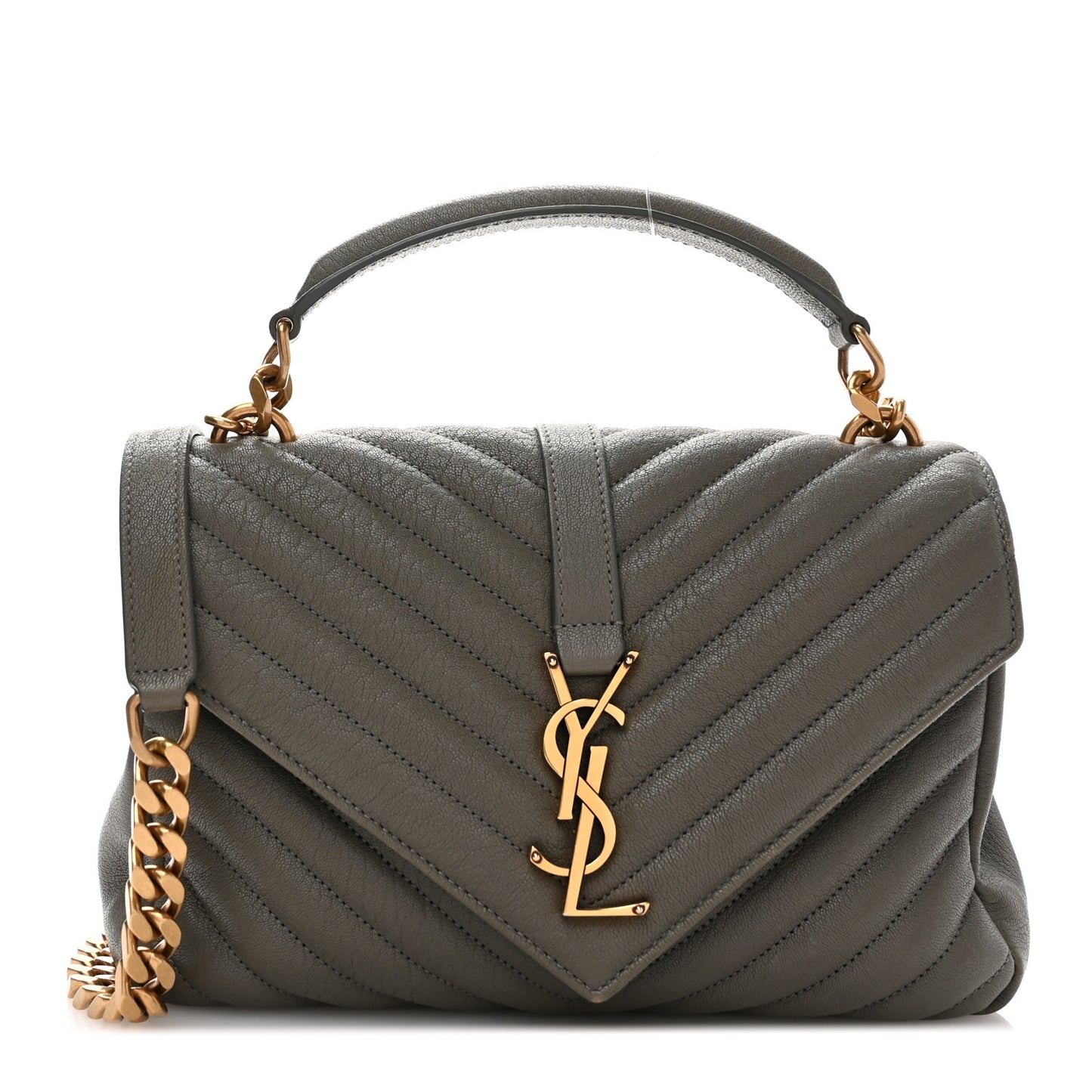 Sheepskin Matelasse Chevron Monogram Medium College Bag Grey Kaki